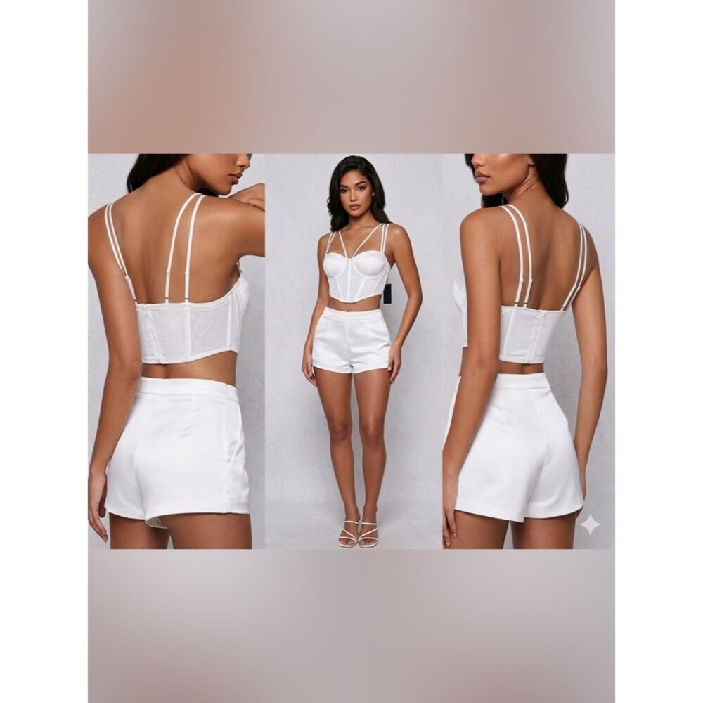 Fashion Nova - White Strappy Bustier Crop Top and High-Waist Shorts Set